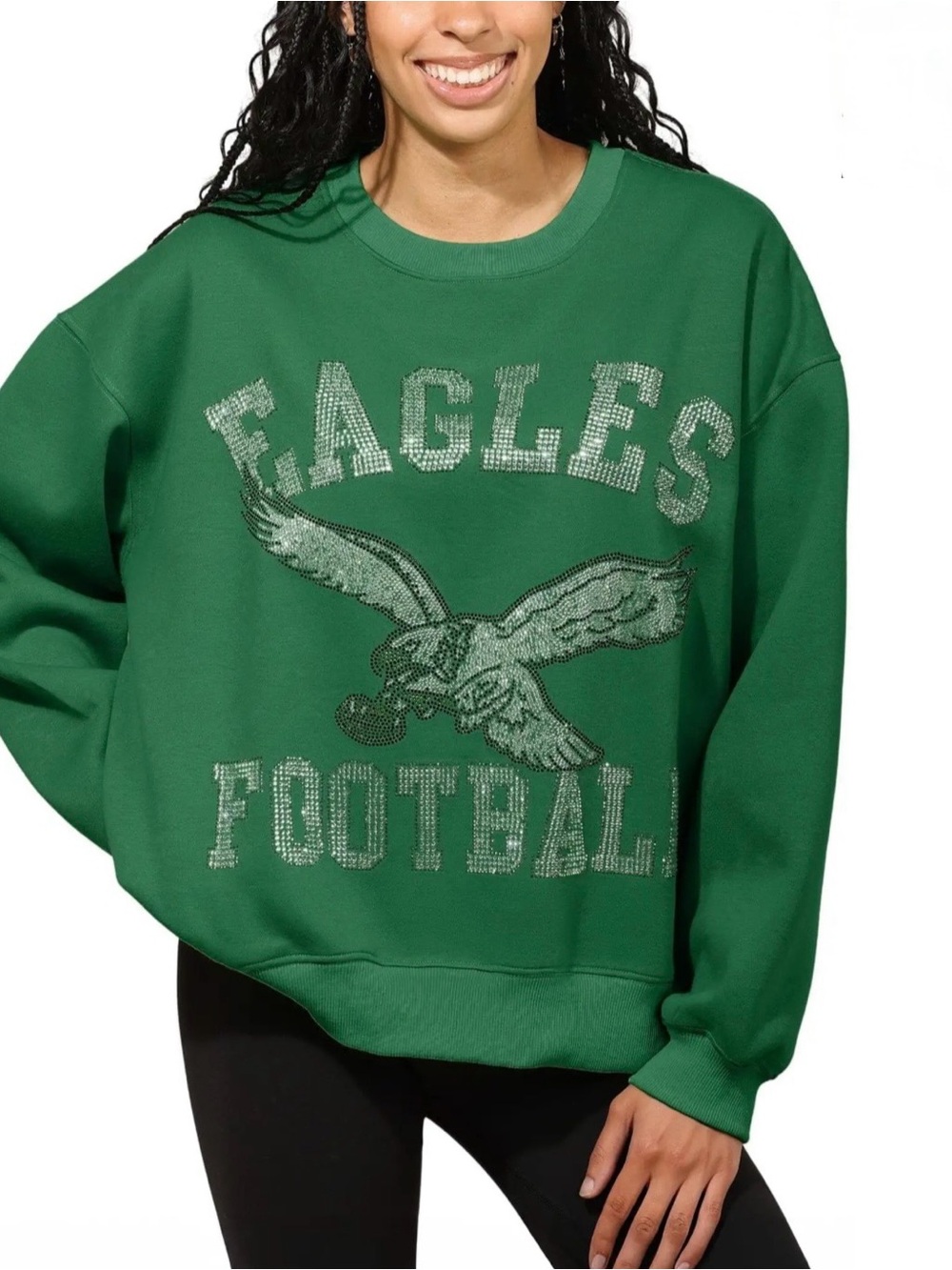 BNWT! NFL Eagles Kelly Green Rhinestone Oversized Crew Neck Sweatshirt - Size S